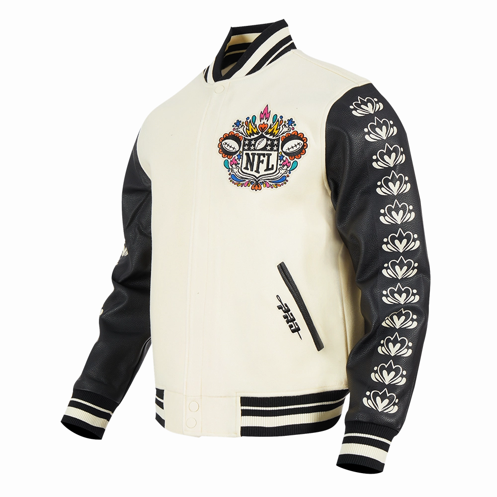 NFL NFL DIA DE MUERTOS MEN'S RIB WOOL VARSITY JACKET (EGGSHELL/ BLACK)