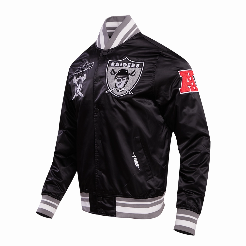 NFL OAKLAND RAIDERS RETRO CLASSIC MEN'S RIB SATIN JACKET (BLACK/GREY)