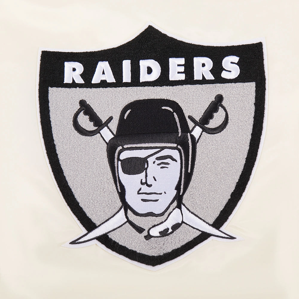 NFL OAKLAND RAIDERS RETRO CLASSIC WOMEN'S RIB SATIN JACKET (EGGSHELL/ BLACK)