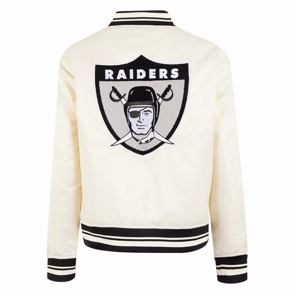 NFL OAKLAND RAIDERS RETRO CLASSIC WOMEN'S RIB SATIN JACKET (EGGSHELL/ BLACK)