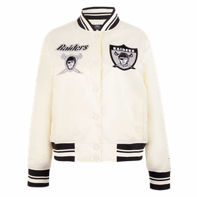 NFL OAKLAND RAIDERS RETRO CLASSIC WOMEN'S RIB SATIN JACKET (EGGSHELL/ BLACK)
