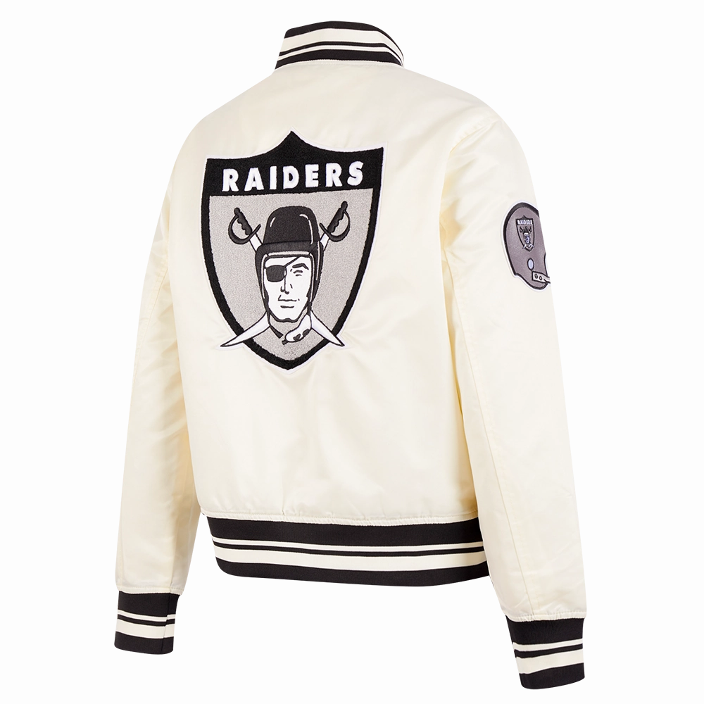 NFL OAKLAND RAIDERS RETRO CLASSIC WOMEN'S RIB SATIN JACKET (EGGSHELL/ BLACK)