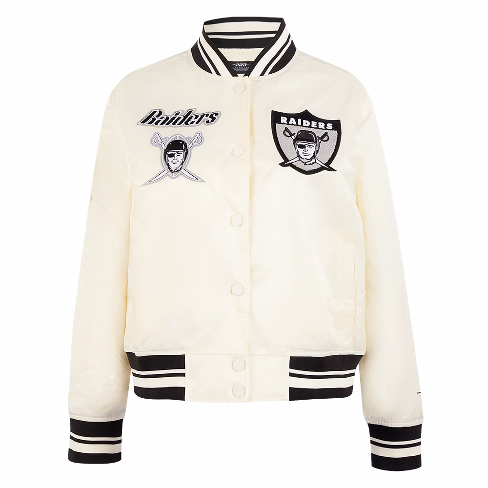 NFL OAKLAND RAIDERS RETRO CLASSIC WOMEN'S RIB SATIN JACKET (EGGSHELL/ BLACK)