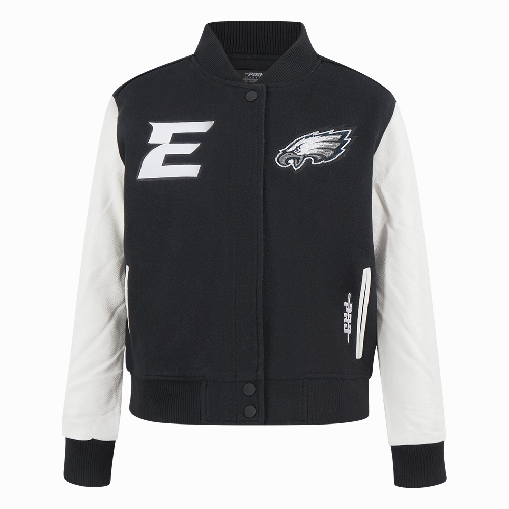 NFL PHILADELPHIA EAGLES GAME DAY CLASSICS WOMEN'S WOOL VARSITY JACKET (BLACK/WHITE)