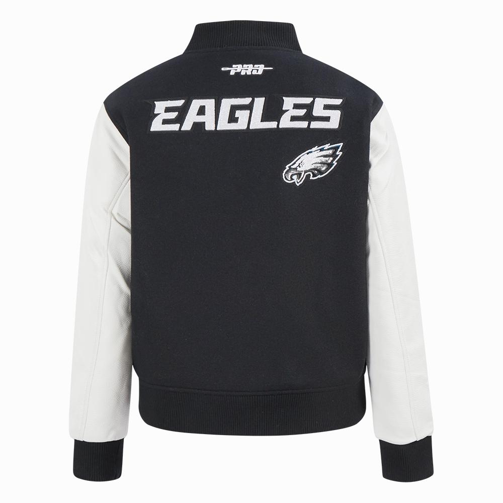 NFL PHILADELPHIA EAGLES GAME DAY CLASSICS WOMEN'S WOOL VARSITY JACKET (BLACK/WHITE)