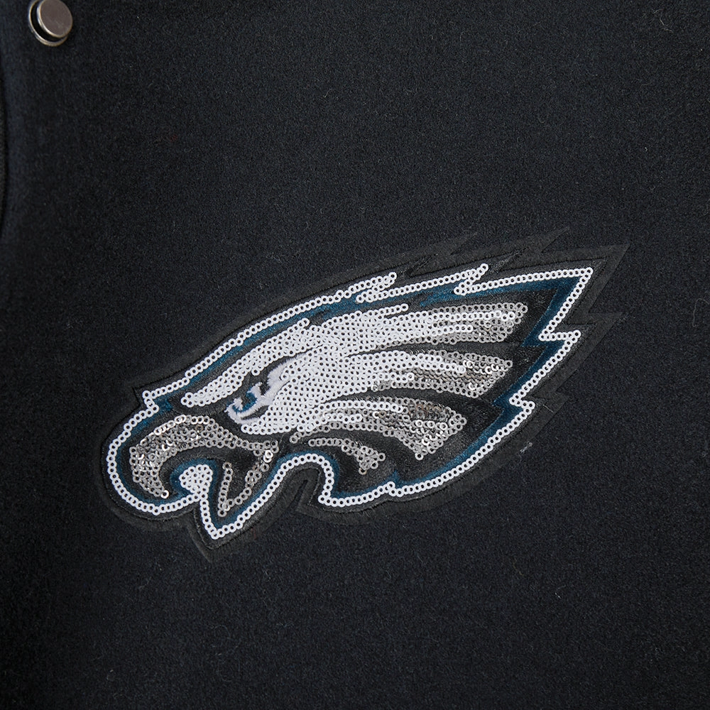 NFL PHILADELPHIA EAGLES GAME DAY CLASSICS WOMEN'S WOOL VARSITY JACKET (BLACK/WHITE)