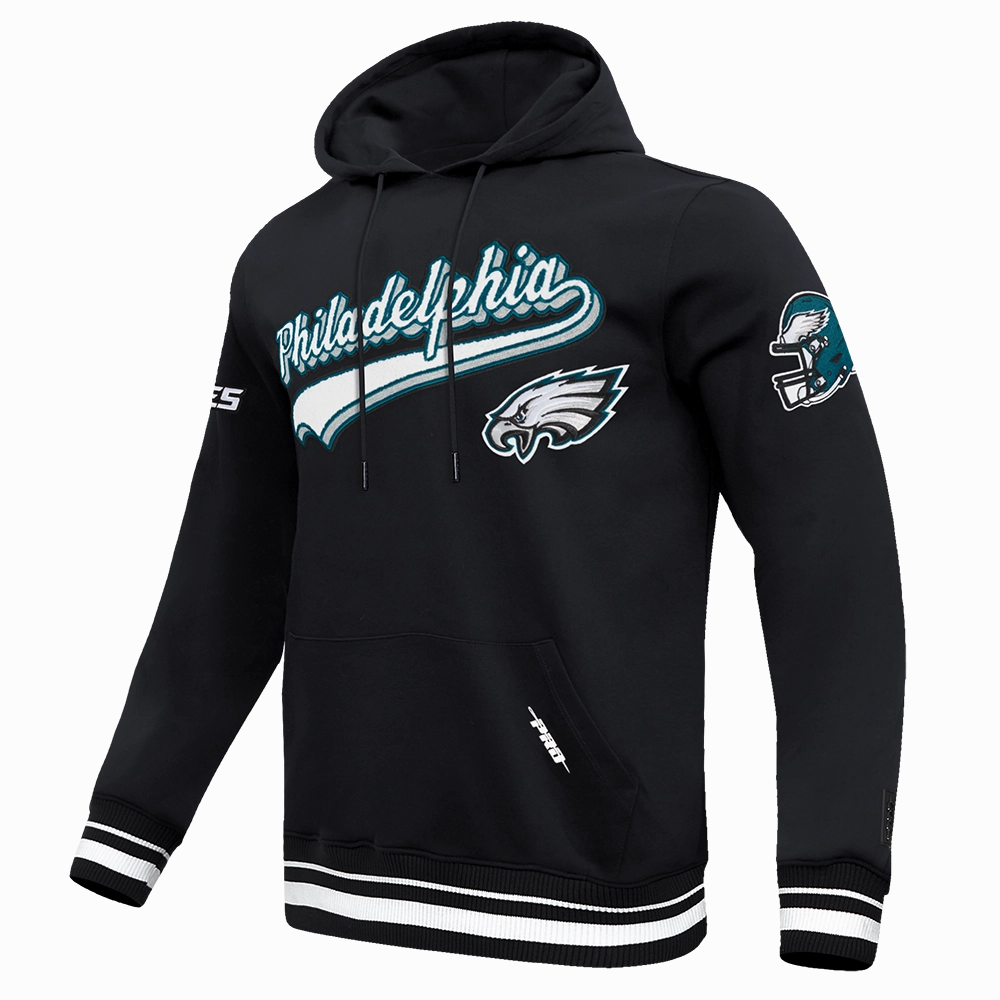 NFL PHILADELPHIA EAGLES SCRIPT TAIL MEN'S RIB FLEECE PULLOVER HOODIE (BLACK)