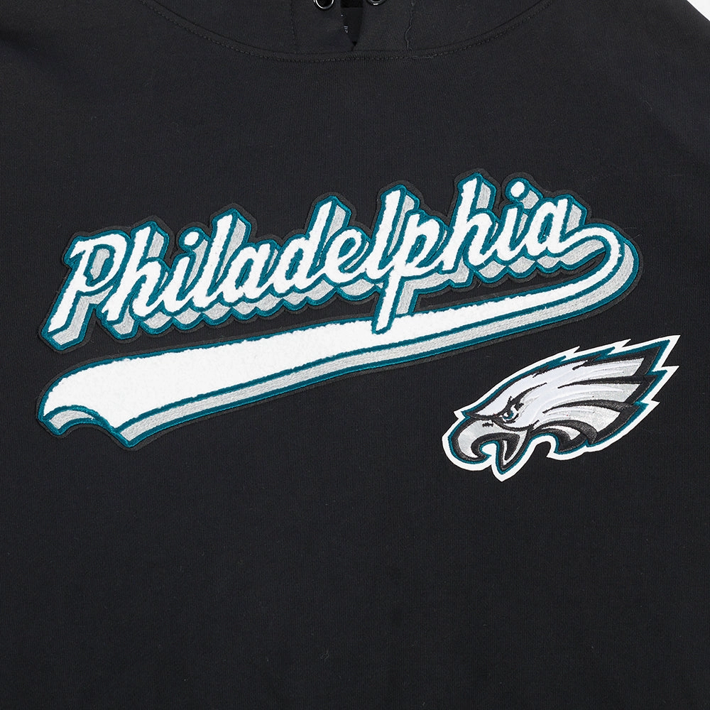NFL PHILADELPHIA EAGLES SCRIPT TAIL MEN'S RIB FLEECE PULLOVER HOODIE (BLACK)