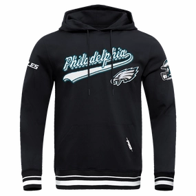 NFL PHILADELPHIA EAGLES SCRIPT TAIL MEN'S RIB FLEECE PULLOVER HOODIE (BLACK)