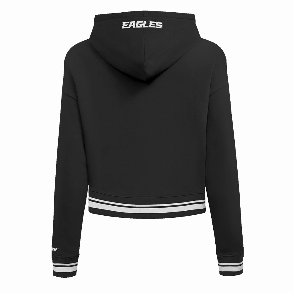 NFL PHILADELPHIA EAGLES SCRIPT TAIL WOMEN'S RIB FLEECE CROPPED PULLOVER HOODIE (BLACK)