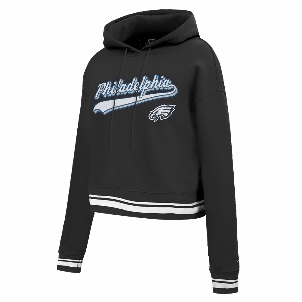 NFL PHILADELPHIA EAGLES SCRIPT TAIL WOMEN'S RIB FLEECE CROPPED PULLOVER HOODIE (BLACK)