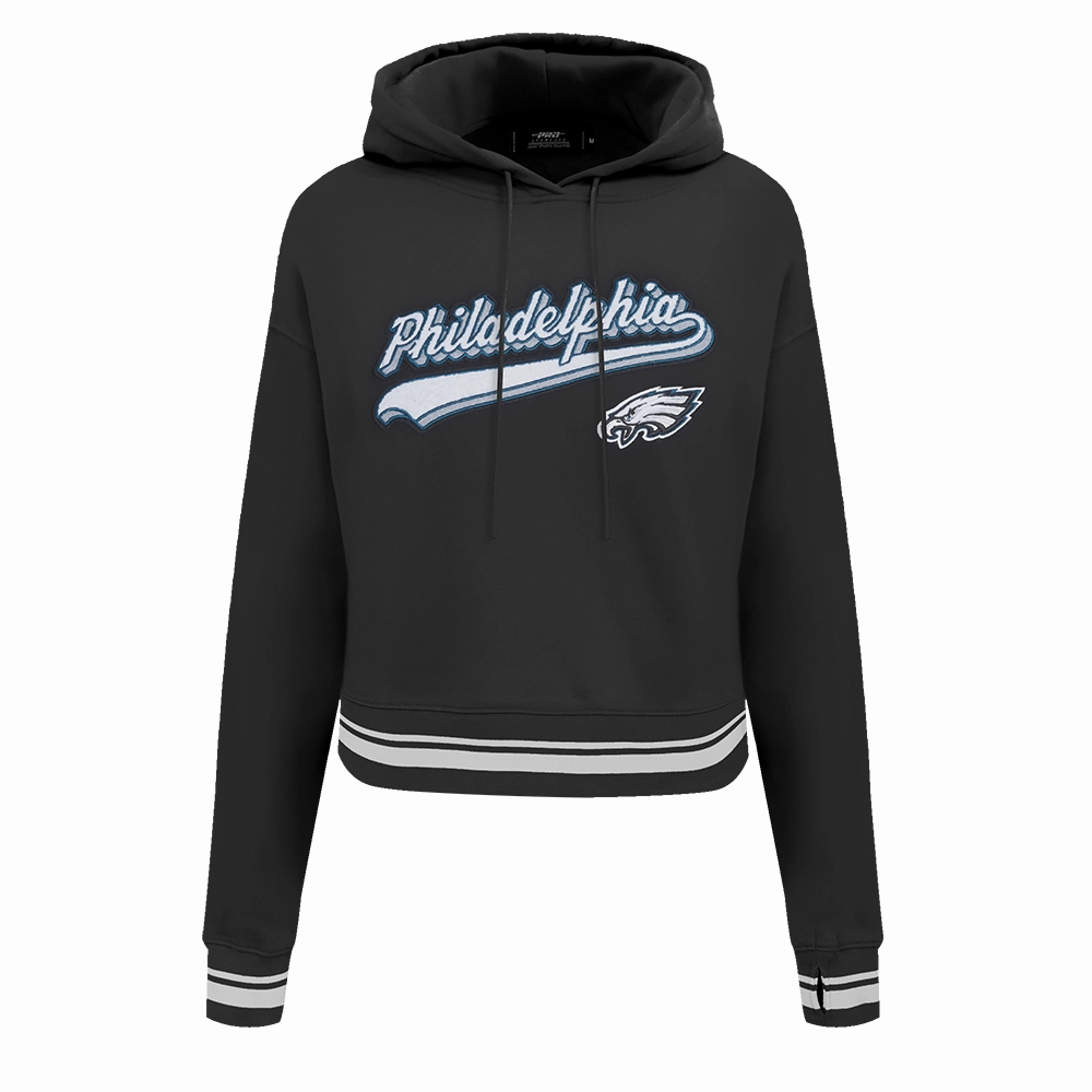 NFL PHILADELPHIA EAGLES SCRIPT TAIL WOMEN'S RIB FLEECE CROPPED PULLOVER HOODIE (BLACK)