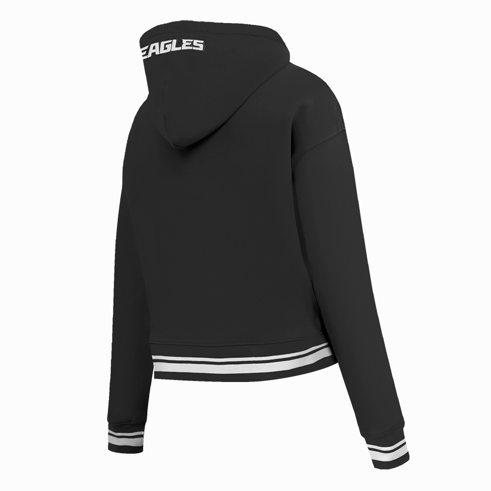 NFL PHILADELPHIA EAGLES SCRIPT TAIL WOMEN'S RIB FLEECE CROPPED PULLOVER HOODIE (BLACK)