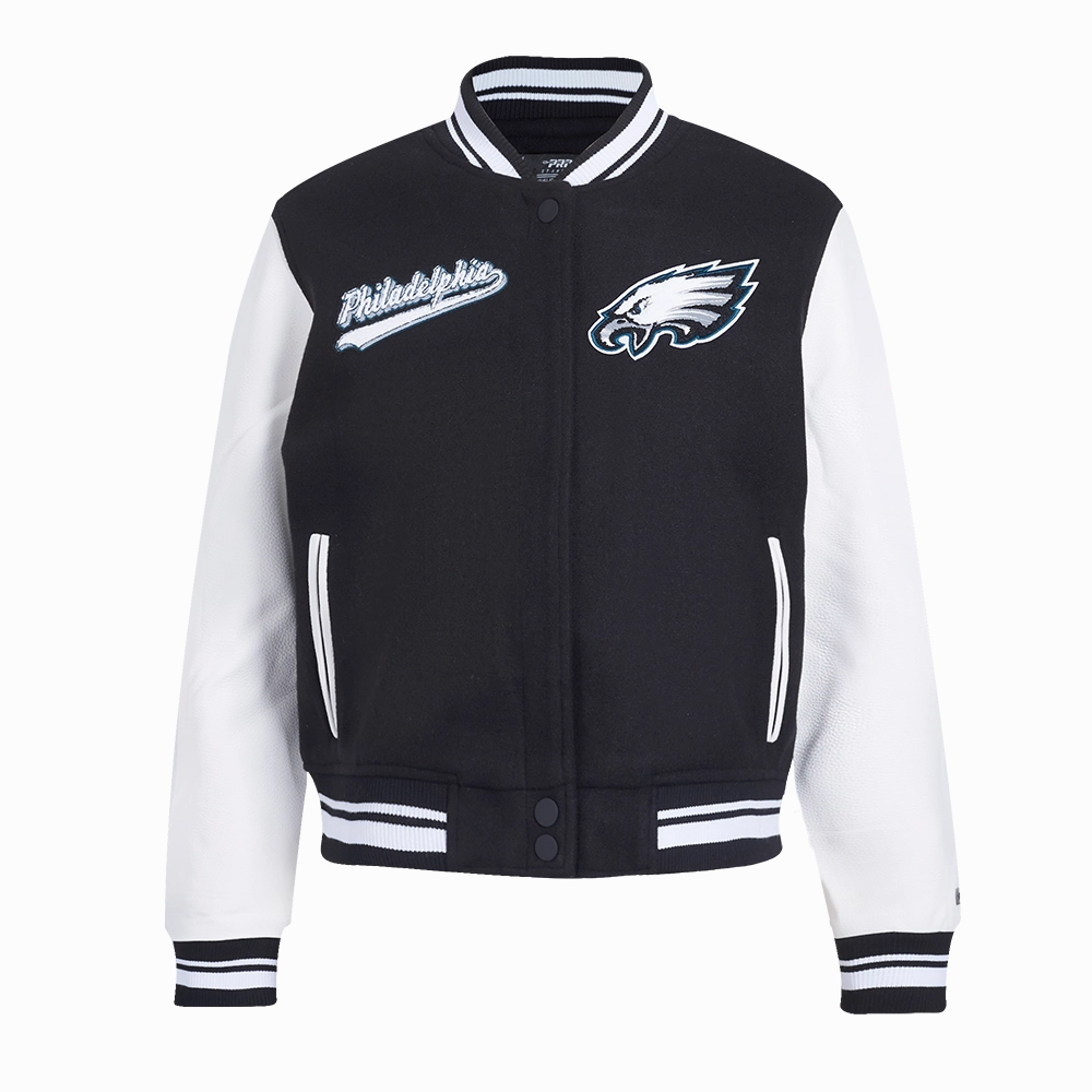 NFL PHILADELPHIA EAGLES SCRIPT TAIL WOMEN'S WOOL VARSITY JACKET (BLACK/WHITE)