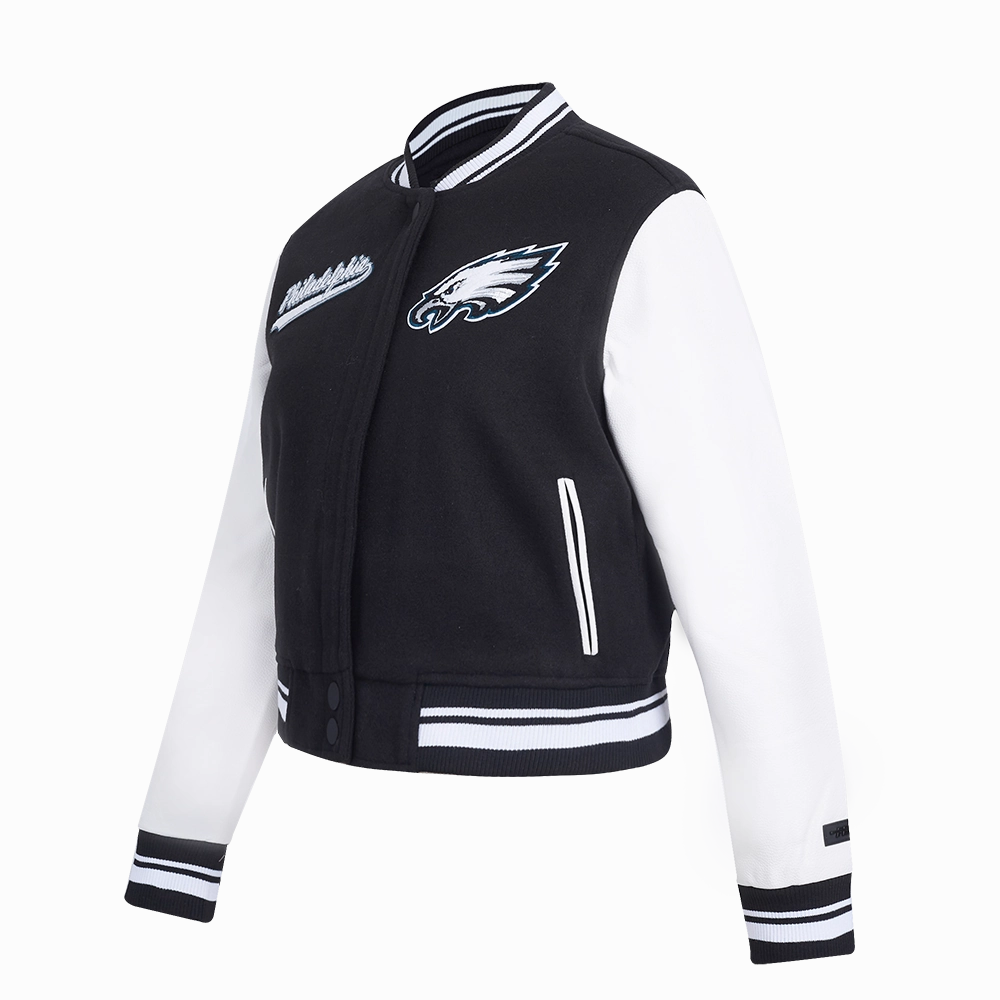 NFL PHILADELPHIA EAGLES SCRIPT TAIL WOMEN'S WOOL VARSITY JACKET (BLACK/WHITE)