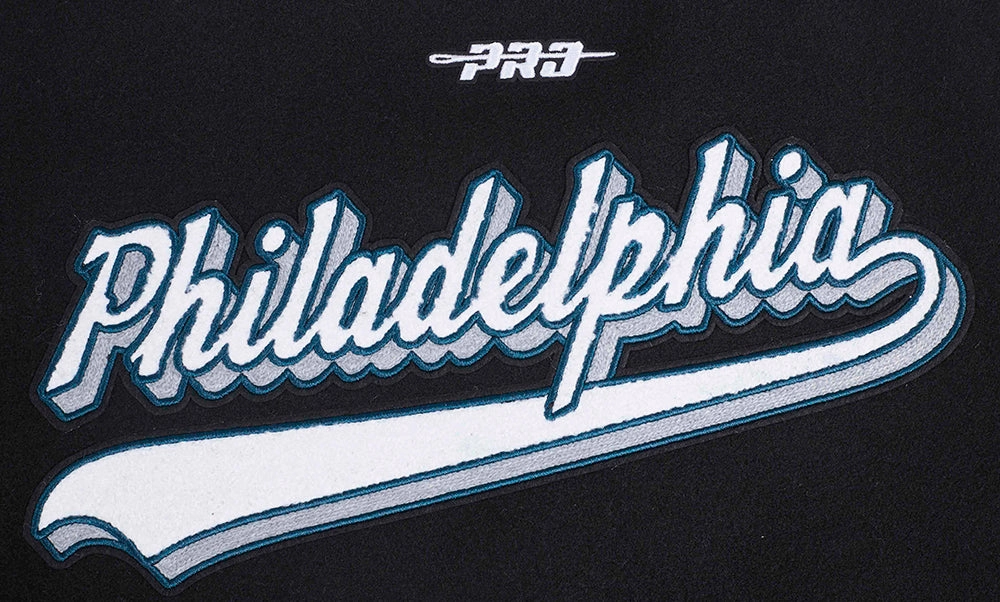 NFL PHILADELPHIA EAGLES SCRIPT TAIL WOMEN'S WOOL VARSITY JACKET (BLACK/WHITE)