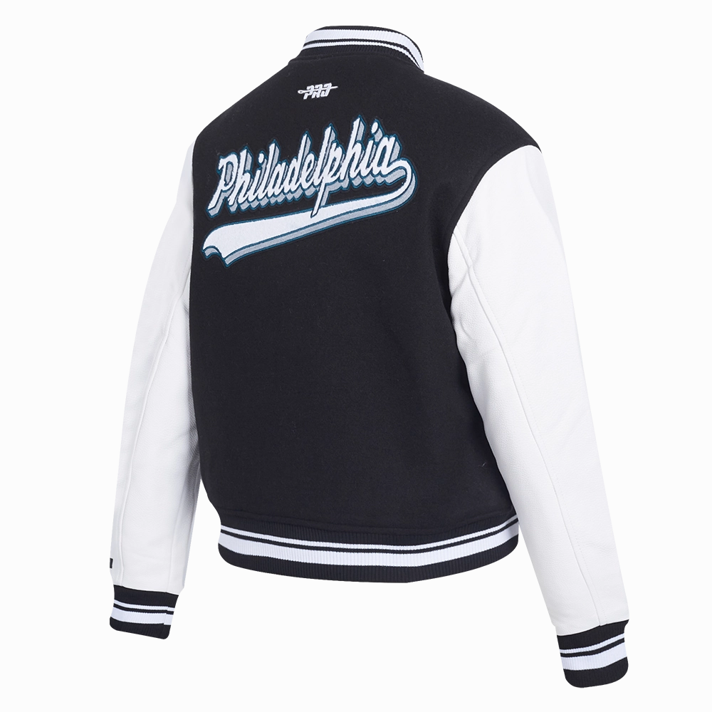 NFL PHILADELPHIA EAGLES SCRIPT TAIL WOMEN'S WOOL VARSITY JACKET (BLACK/WHITE)