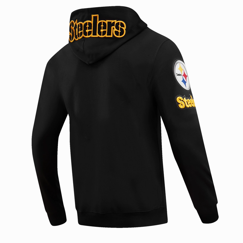 NFL PITTSBURGH STEELERS CLASSIC CHENILLE MEN'S DOUBLE KNIT  FULL ZIP HOODIE (BLACK)