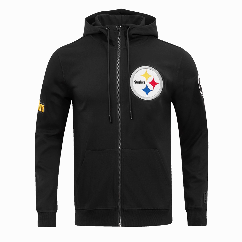 NFL PITTSBURGH STEELERS CLASSIC CHENILLE MEN'S DOUBLE KNIT  FULL ZIP HOODIE (BLACK)