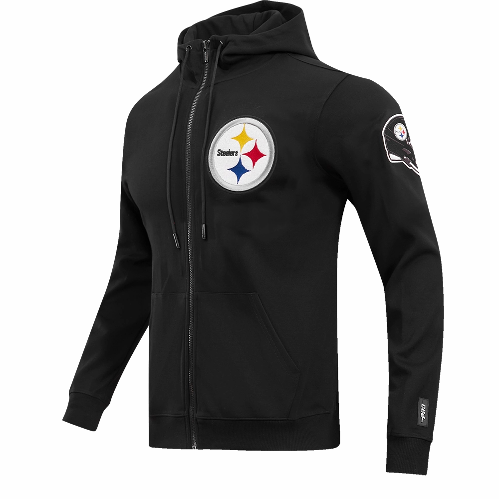 NFL PITTSBURGH STEELERS CLASSIC CHENILLE MEN'S DOUBLE KNIT  FULL ZIP HOODIE (BLACK)