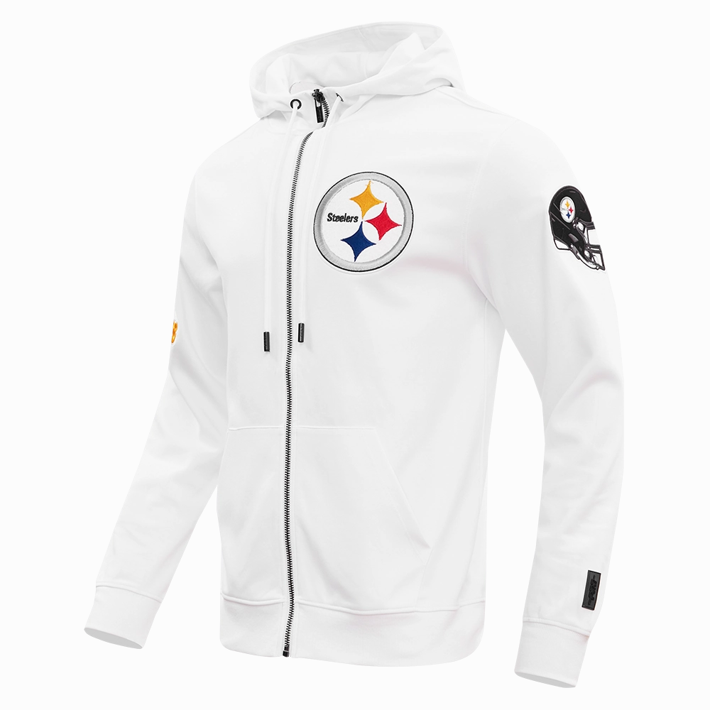 NFL PITTSBURGH STEELERS CLASSIC CHENILLE MEN'S DOUBLE KNIT  FULL ZIP HOODIE (WHITE)