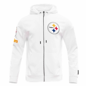 NFL PITTSBURGH STEELERS CLASSIC CHENILLE MEN'S DOUBLE KNIT  FULL ZIP HOODIE (WHITE)