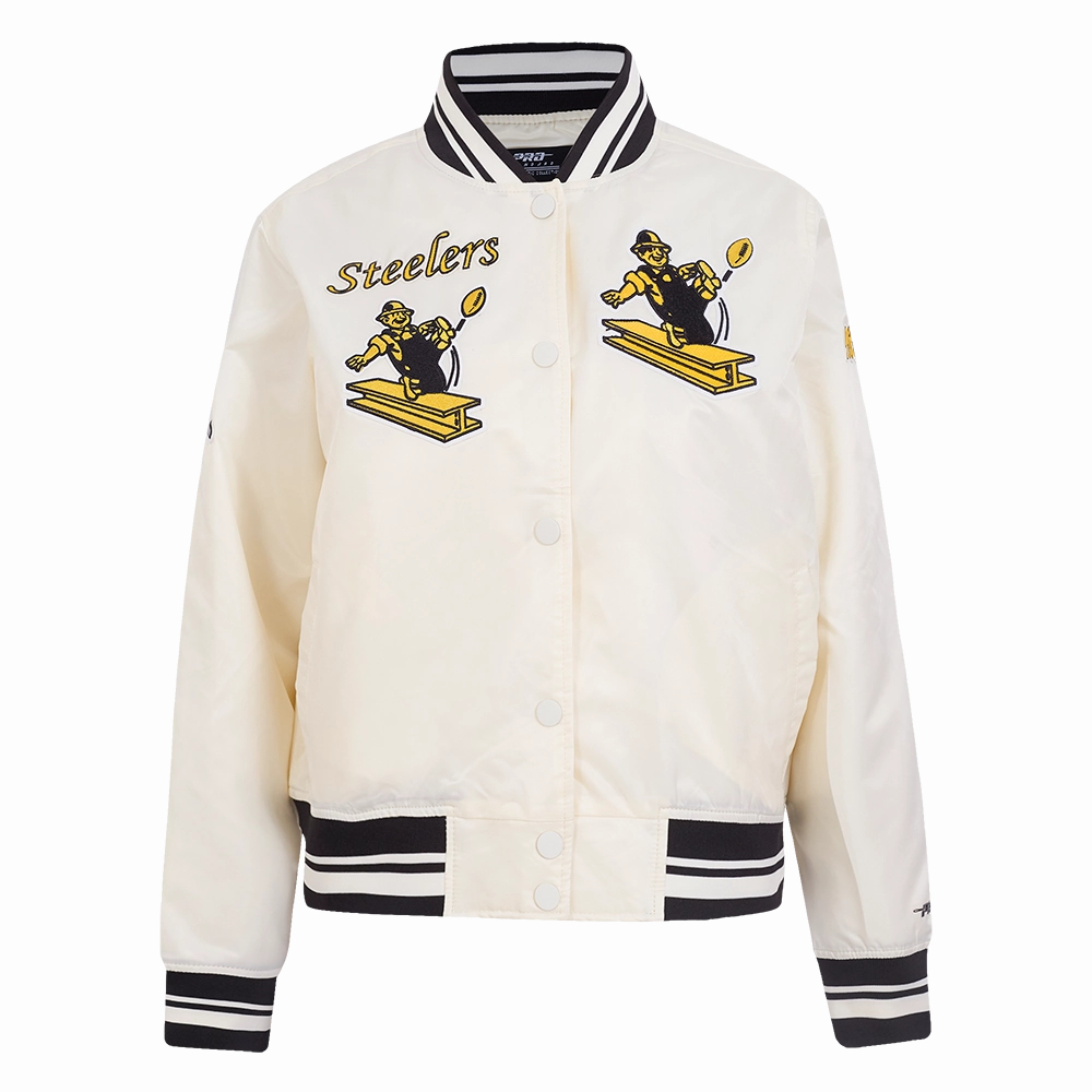 NFL PITTSBURGH STEELERS RETRO CLASSIC WOMEN'S RIB SATIN JACKET (EGGSHELL/ BLACK)