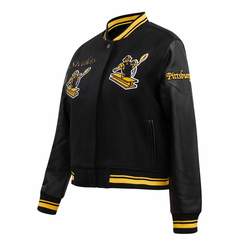 NFL PITTSBURGH STEELERS RETRO CLASSIC WOMEN'S RIB WOOL VARSITY JACKET (BLACK/YELLOW)