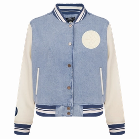NFL PITTSBURGH STEELERS VARSITY BLUES WOMEN'S DENIM VARSITY JACKET (DENIM/LINEN)