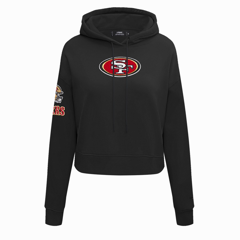 NFL SAN FRANCISCO 49ERS CLASSIC FLEECE CROPPED PULLOVER HOODIE (BLACK)