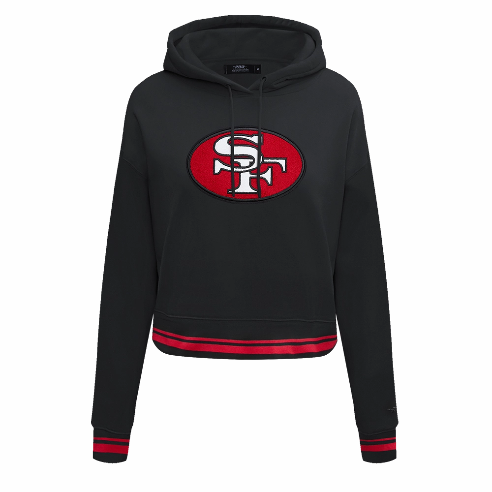 NFL SAN FRANCISCO 49ERS RETRO CLASSIC WOMEN'S CROPPED PULLOVER HOODIE (BLACK/RED/BLACK)