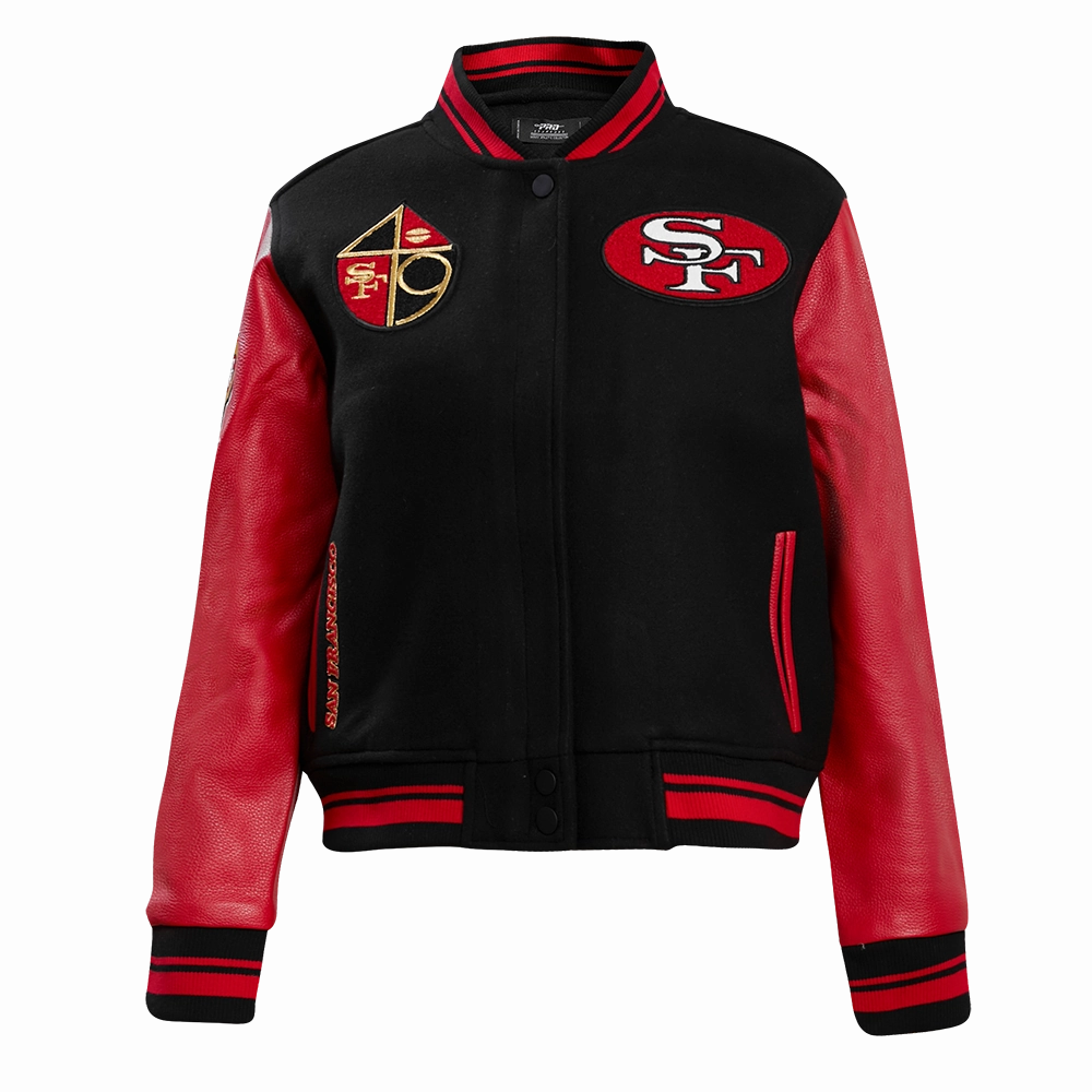 NFL SAN FRANCISCO 49ERS RETRO CLASSIC WOMEN'S RIB WOOL VARSITY JACKET (BLACK/RED/BLACK)