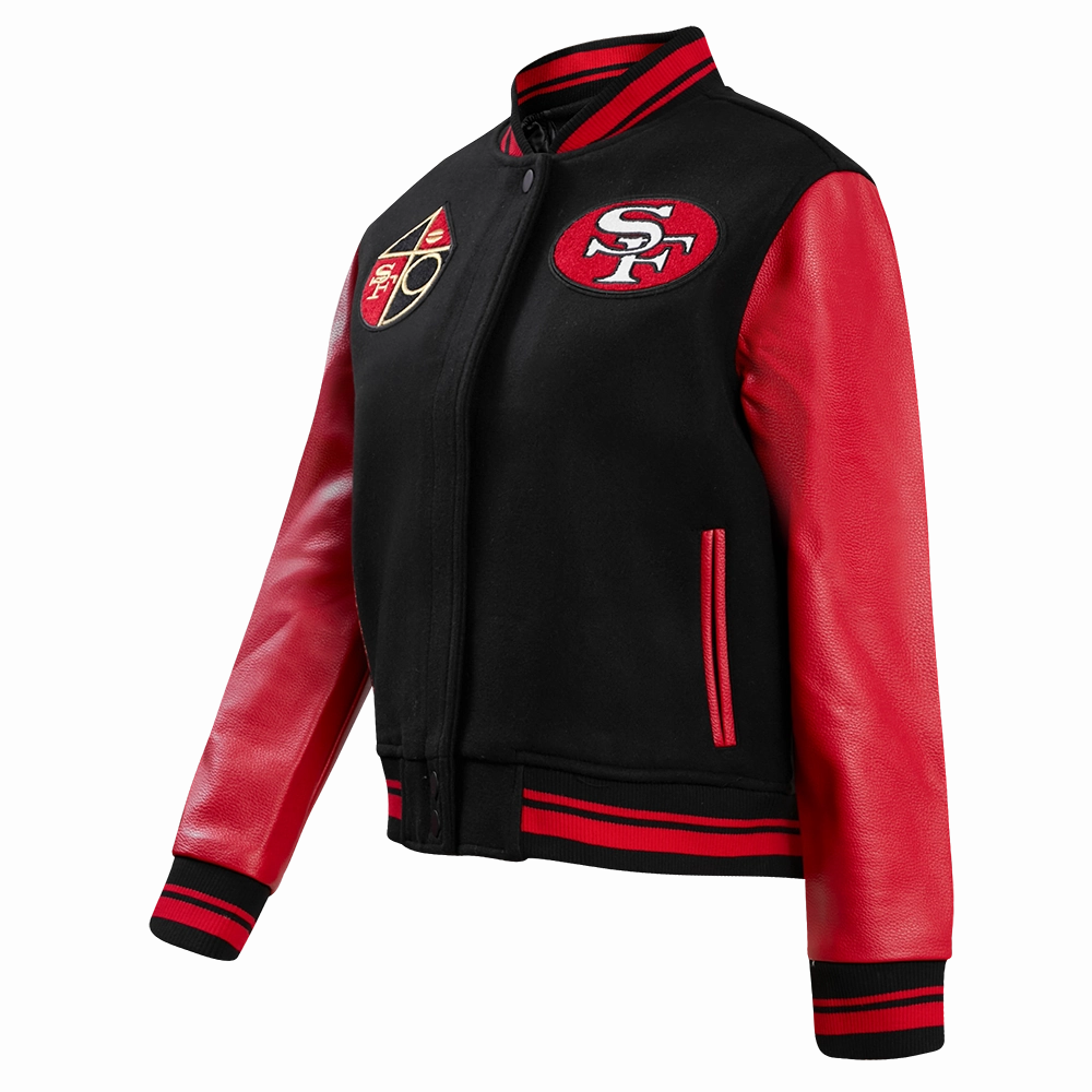 NFL SAN FRANCISCO 49ERS RETRO CLASSIC WOMEN'S RIB WOOL VARSITY JACKET (BLACK/RED/BLACK)
