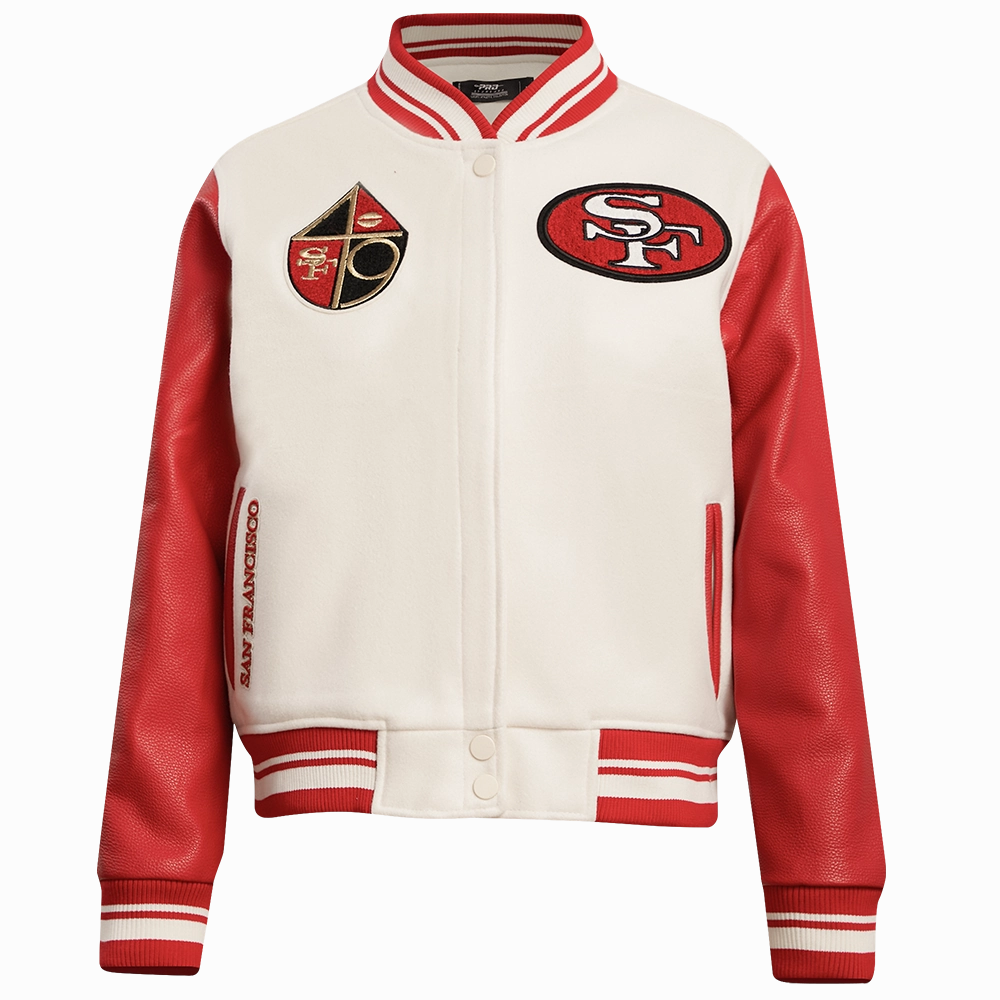 NFL SAN FRANCISCO 49ERS RETRO CLASSIC WOMEN'S RIB WOOL VARSITY JACKET (EGGSHELL/ RED)