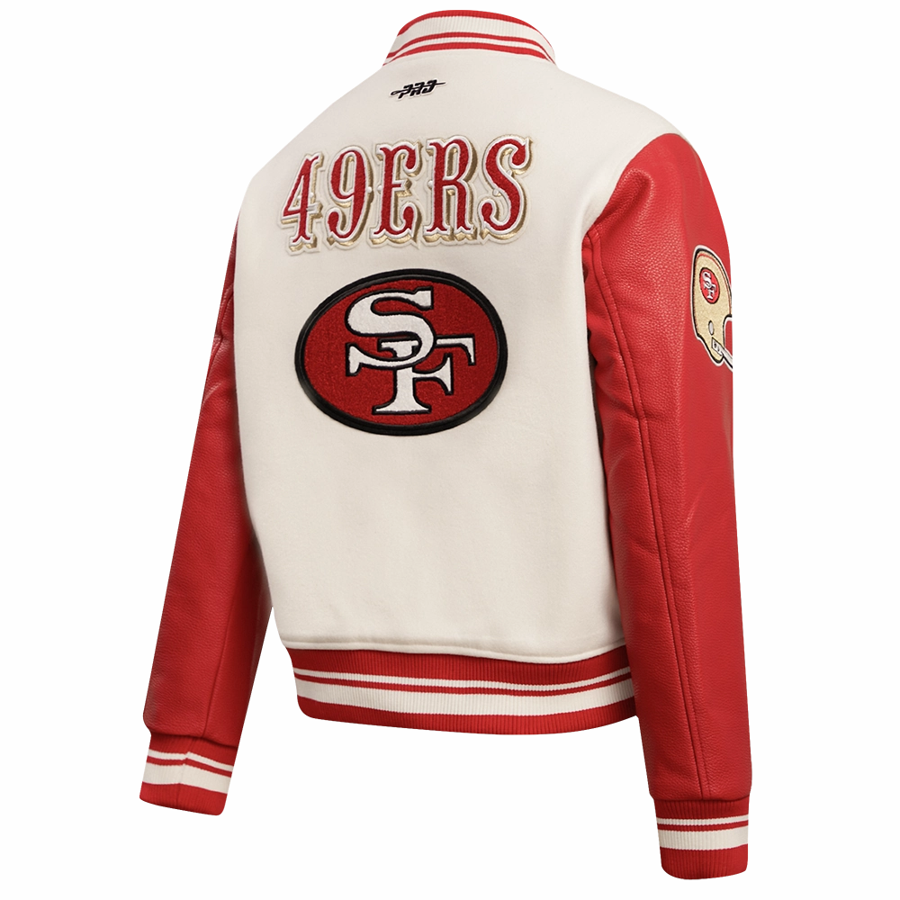 NFL SAN FRANCISCO 49ERS RETRO CLASSIC WOMEN'S RIB WOOL VARSITY JACKET (EGGSHELL/ RED)