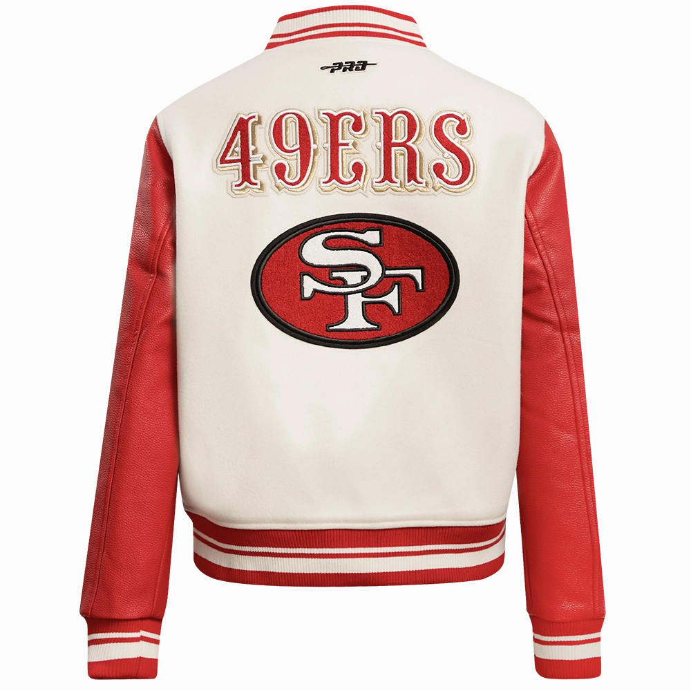NFL SAN FRANCISCO 49ERS RETRO CLASSIC WOMEN'S RIB WOOL VARSITY JACKET (EGGSHELL/ RED)