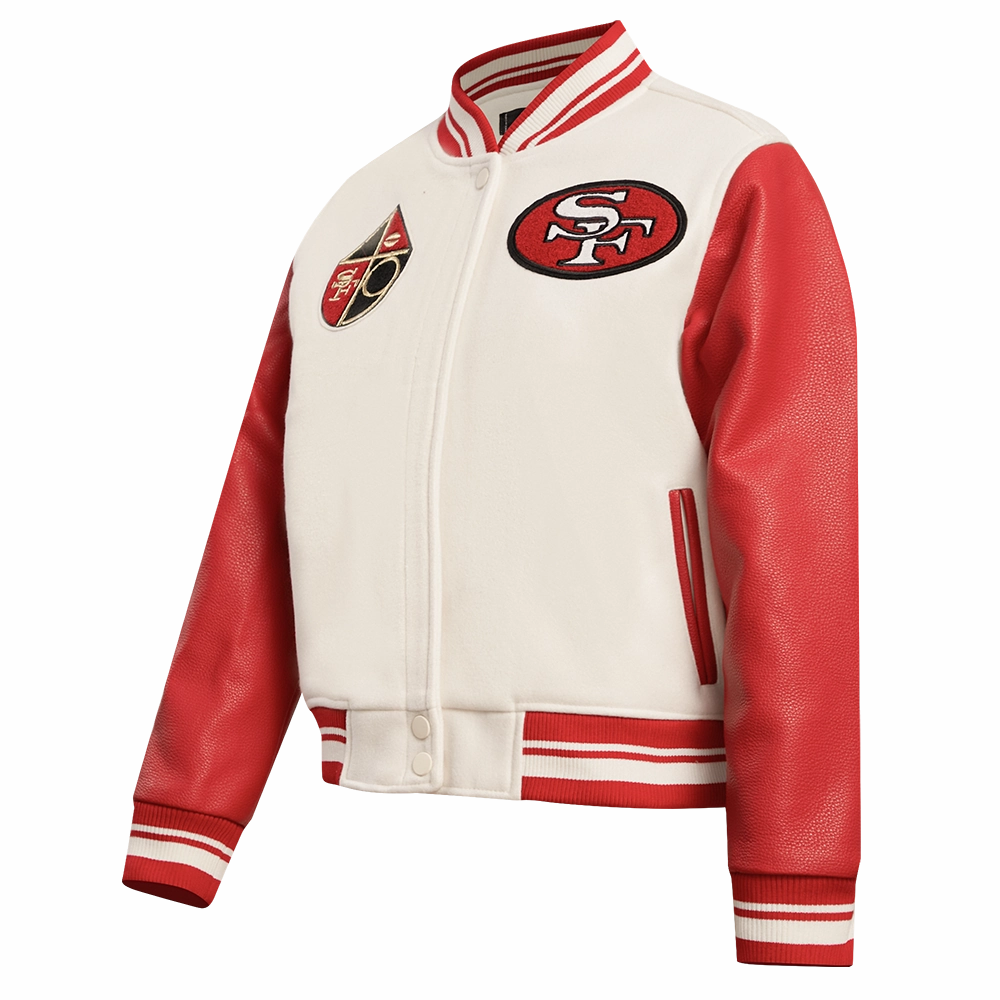 NFL SAN FRANCISCO 49ERS RETRO CLASSIC WOMEN'S RIB WOOL VARSITY JACKET (EGGSHELL/ RED)
