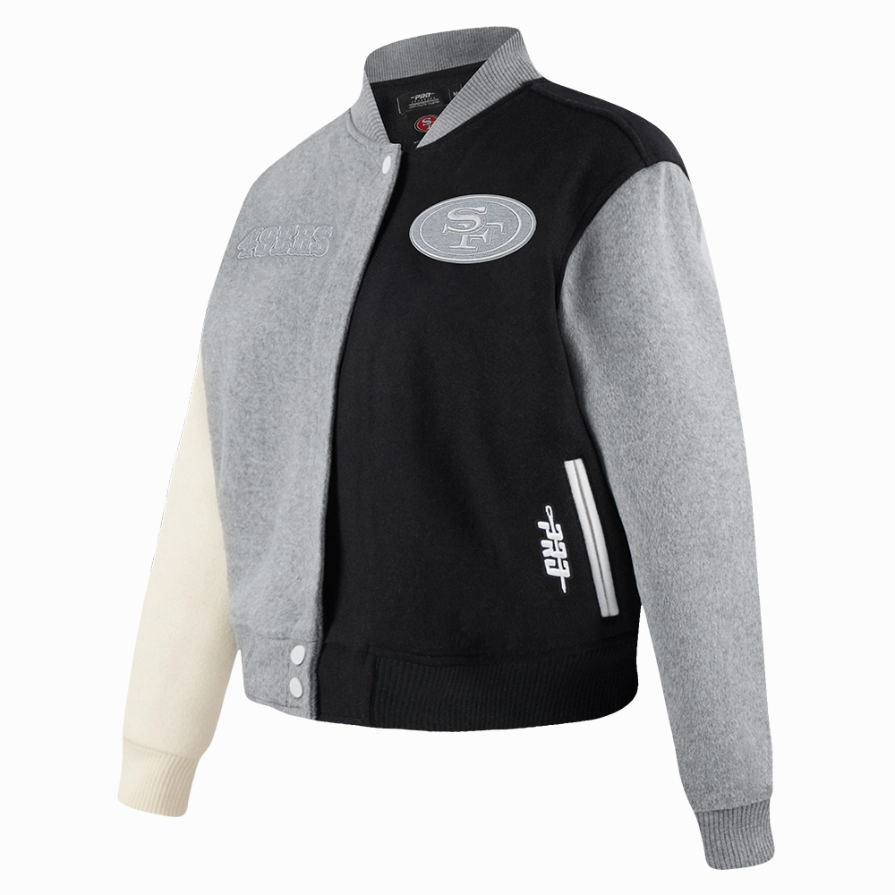 NFL SAN FRANCISCO 49ERS REVERSE FRENCH TERRY WOMEN'S WOOL VARSITY JACK (BLACK/GRAY/EGGSHELL)