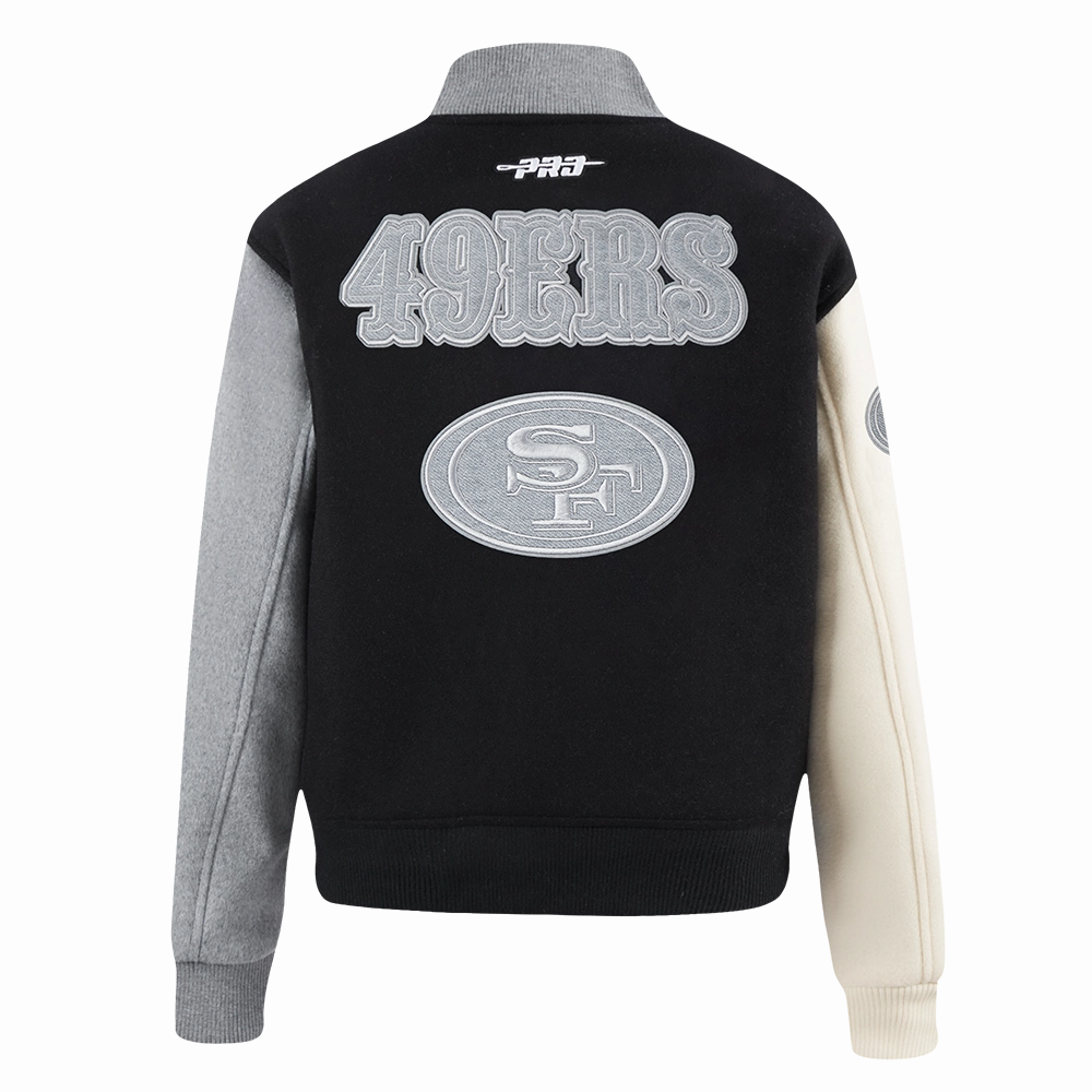 NFL SAN FRANCISCO 49ERS REVERSE FRENCH TERRY WOMEN'S WOOL VARSITY JACK (BLACK/GRAY/EGGSHELL)