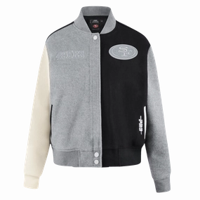 NFL SAN FRANCISCO 49ERS REVERSE FRENCH TERRY WOMEN'S WOOL VARSITY JACK (BLACK/GRAY/EGGSHELL)