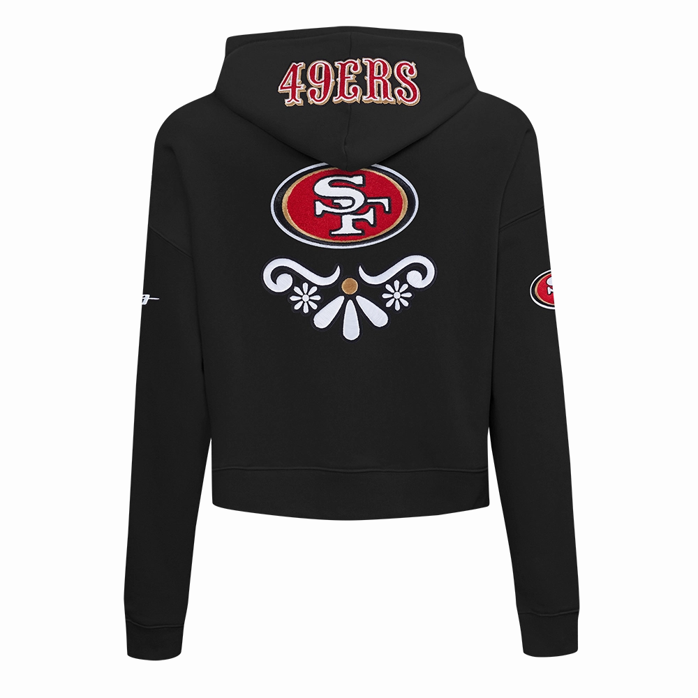 NFL SAN FRANCISCO 49ERS SUGAR SKULL WOMEN'S FLEECE CROPPED PULLOVER HOODIE (BLACK)