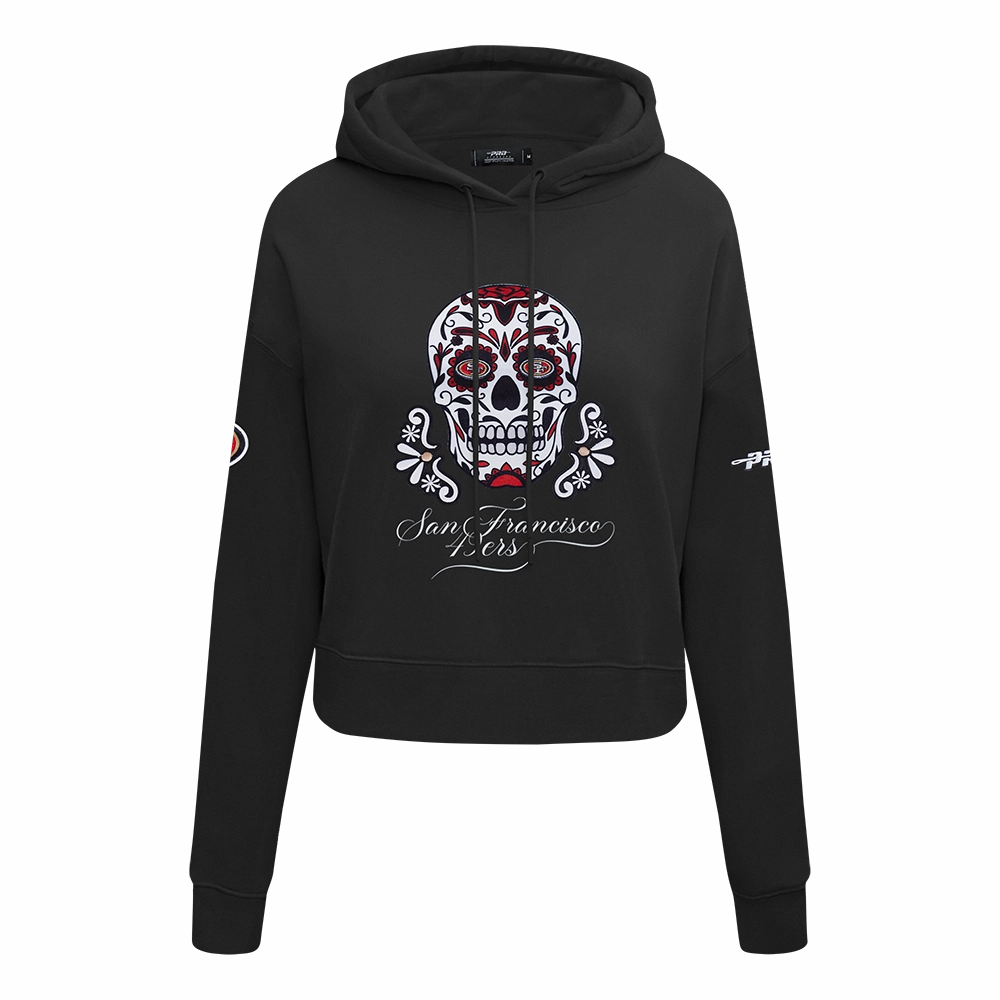 NFL SAN FRANCISCO 49ERS SUGAR SKULL WOMEN'S FLEECE CROPPED PULLOVER HOODIE (BLACK)