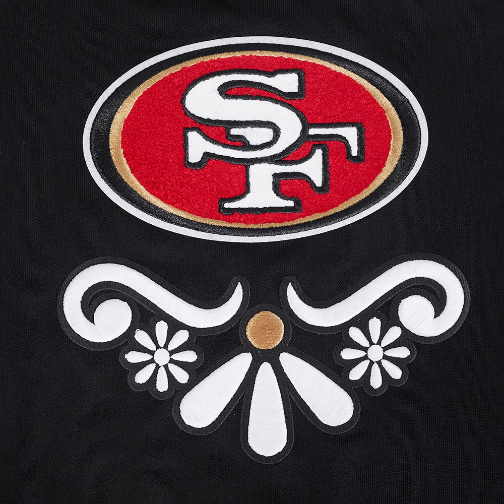 NFL SAN FRANCISCO 49ERS SUGAR SKULL WOMEN'S FLEECE CROPPED PULLOVER HOODIE (BLACK)