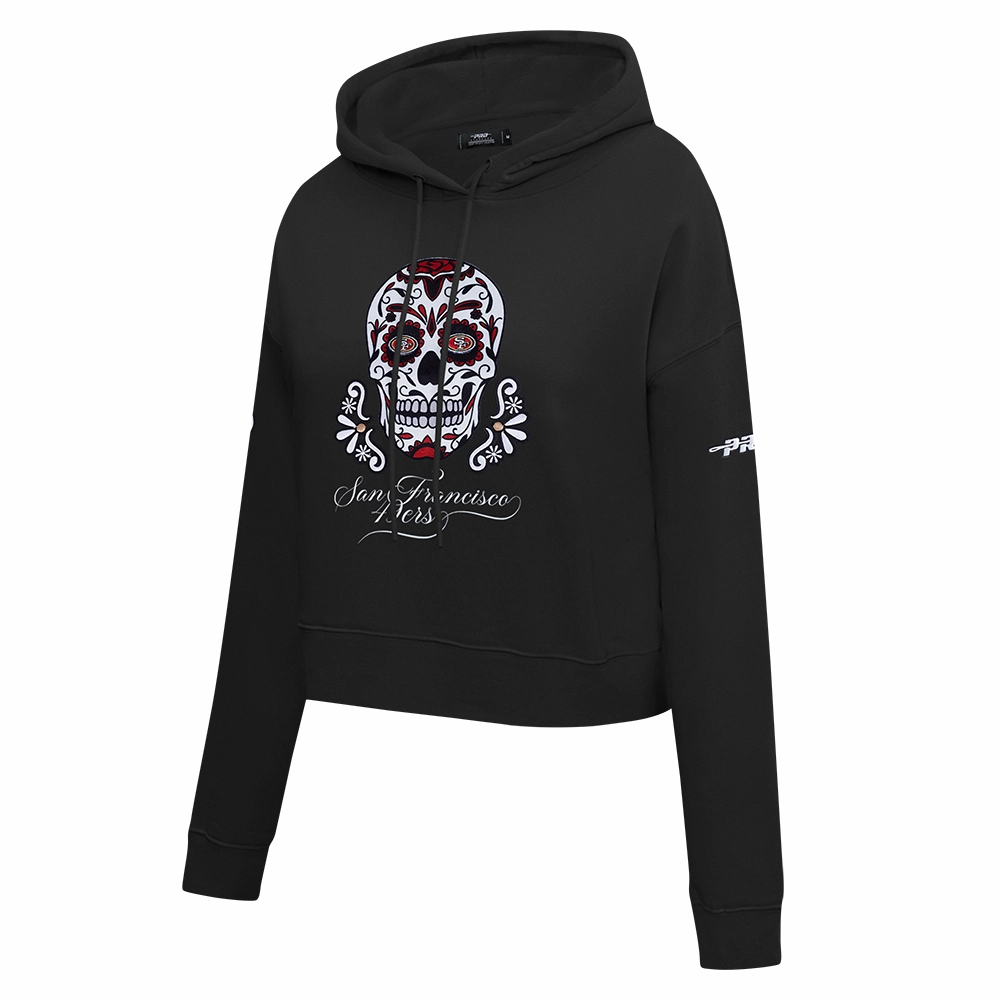 NFL SAN FRANCISCO 49ERS SUGAR SKULL WOMEN'S FLEECE CROPPED PULLOVER HOODIE (BLACK)