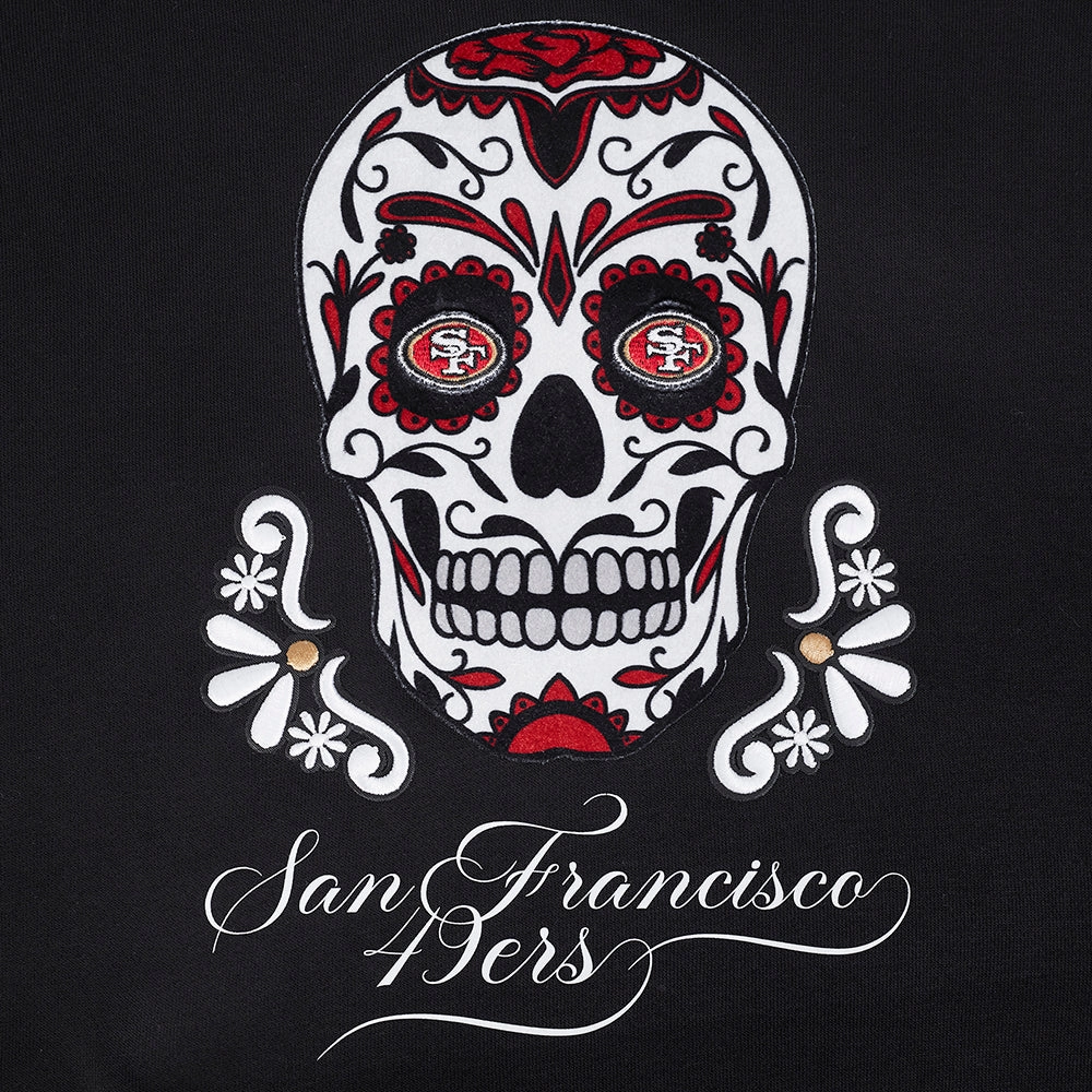 NFL SAN FRANCISCO 49ERS SUGAR SKULL WOMEN'S FLEECE CROPPED PULLOVER HOODIE (BLACK)