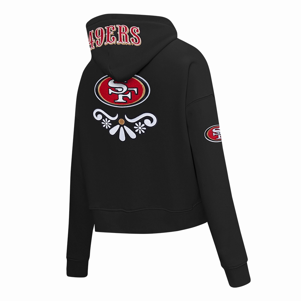 NFL SAN FRANCISCO 49ERS SUGAR SKULL WOMEN'S FLEECE CROPPED PULLOVER HOODIE (BLACK)