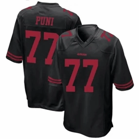 SF.49ers #77 Dominick Puni Black Scarlet Player Game Jersey Stitched American Football Jersey