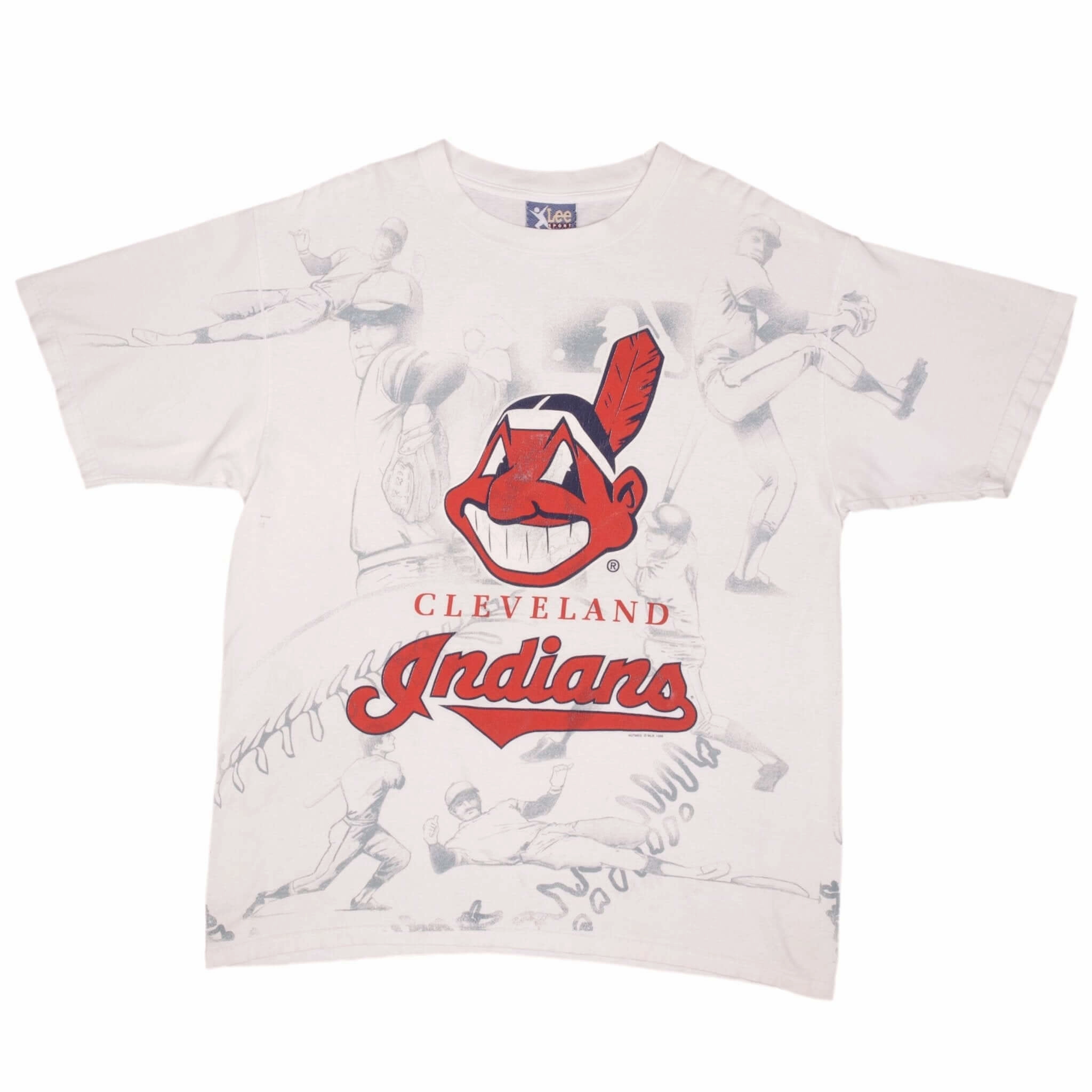 VINTAGE MLB ALL OVER PRINT CLEVELAND INDIANS 1996 TEE SHIRT SIZE XL MADE IN USA