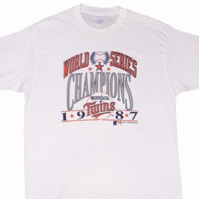 VINTAGE MLB MINNESOTA TWINS WORLD CHAMPIONS 1987 TEE SHIRT SZE LARGE MADE IN USA