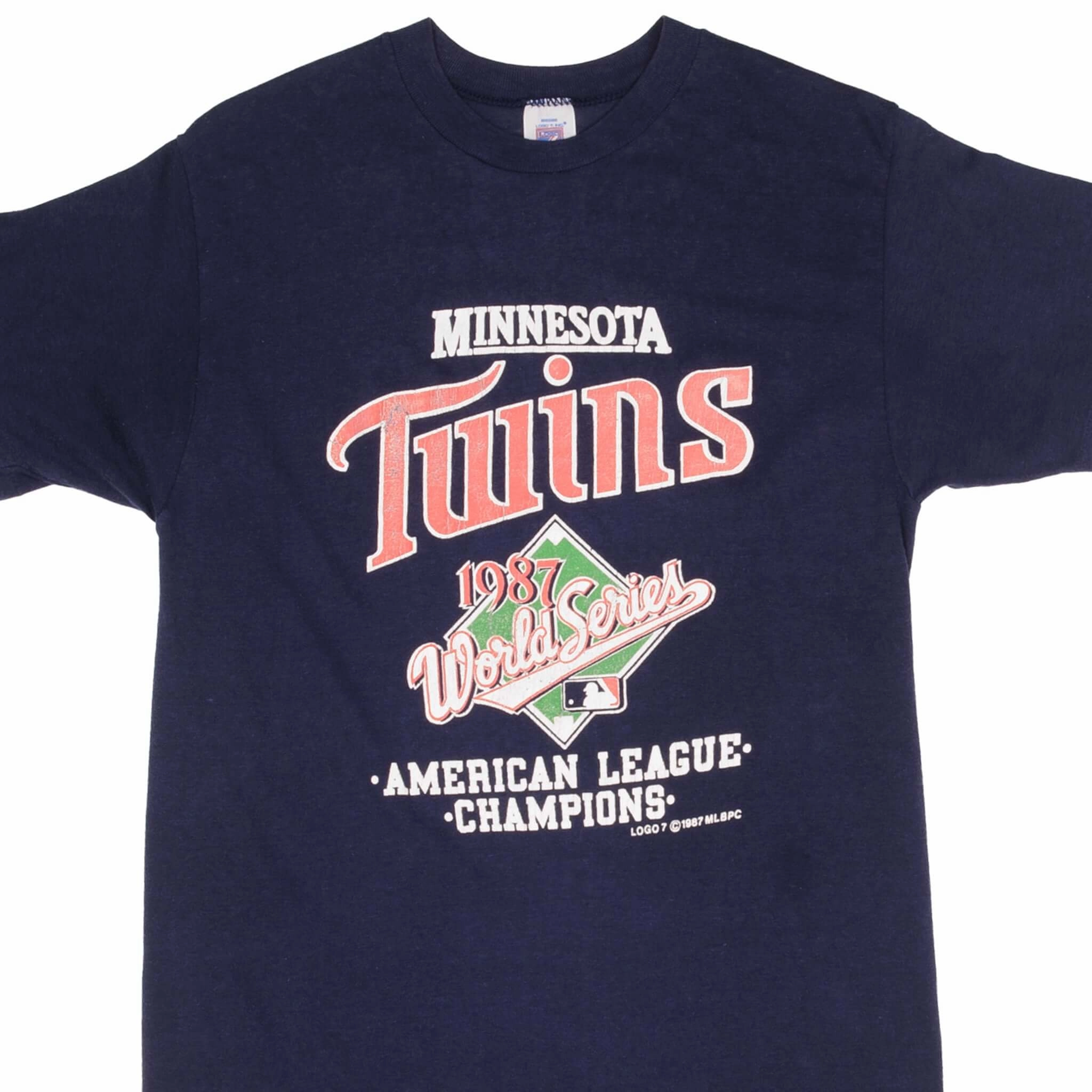 VINTAGE MLB MINNESOTA TWINS WORLD CHAMPIONS 1987 TEE SHIRT SZE SMALL MADE IN USA